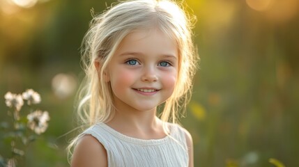 Beautiful young girl with blue eyes and blonde hair smiling in a sunlit natural setting, wearing light clothing and surrounded by greenery.