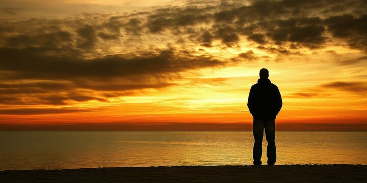 A man stands on a beach at sunset, looking out at the ocean