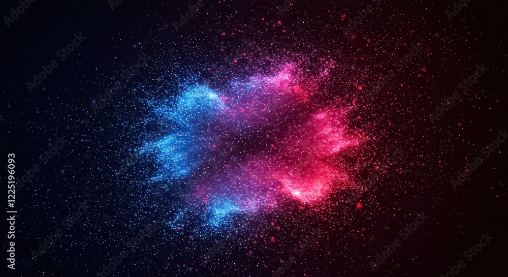Poster a mesmerizing abstract image of a particle explosion in shades of blue, red, and pink and particles 