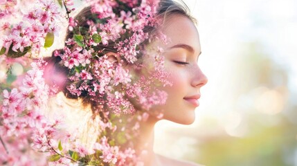 Naklejka premium Double exposure portrait of a serene woman surrounded by blooming pink flowers in a soft morning light setting