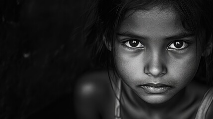 Fototapeta premium Dramatic black and white portrait of a girl with expressive eyes and intense emotions capturing the essence of childhood struggles.