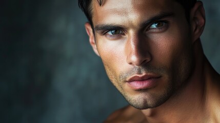 Obraz premium Intense male portrait showcasing strong facial features and captivating expression against a dark textured background