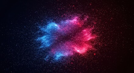 A mesmerizing abstract image of a particle explosion in shades of blue, red, and pink and particles appear to float and scatter in space