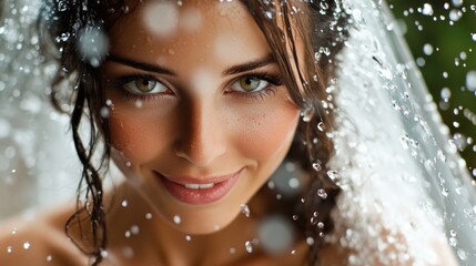 Bride with veil illuminated by droplets of spray creating a dreamy and romantic atmosphere for wedding photography.