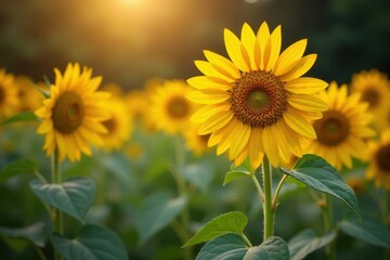 Obraz premium Sunflowers bowing under weight of autumn, muted tones, blurred background, rustic, field, season