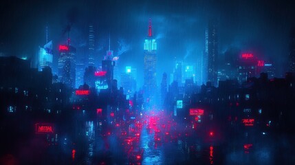 Cyberpunk Cityscape at Night: Neon Lights and Reflections