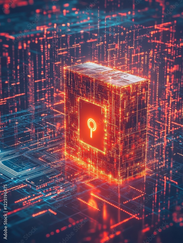 Poster abstract cybersecurity red alert warning padlock symbol with binary letters and numbers on a digital