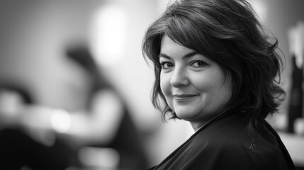 Naklejka premium Hairdresser smiling in salon during haircut with clients in background focusing on professional hair styling services and customer satisfaction