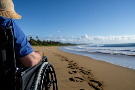 A person in a wheelchair is seated on the beach, enjoying the calm waves and clear sky, symbolizing freedom and the joy of experiencing nature's beauty. - Powered by Adobe