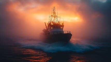 Obraz premium Moody Cinematic Scene of Fishing Boat Drifting in Foggy Waters