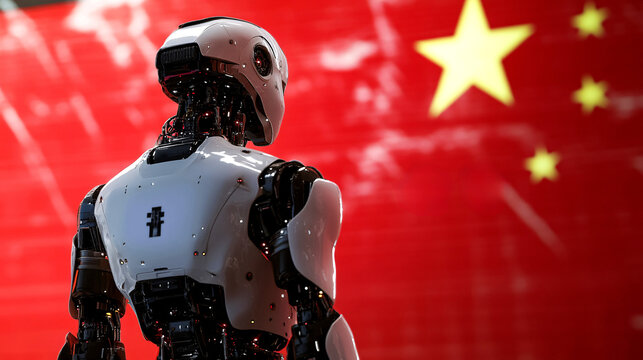 A futuristic robot against the backdrop of a red Chinese flag, representing China&rsquo;s rapid development in AI and robotics.