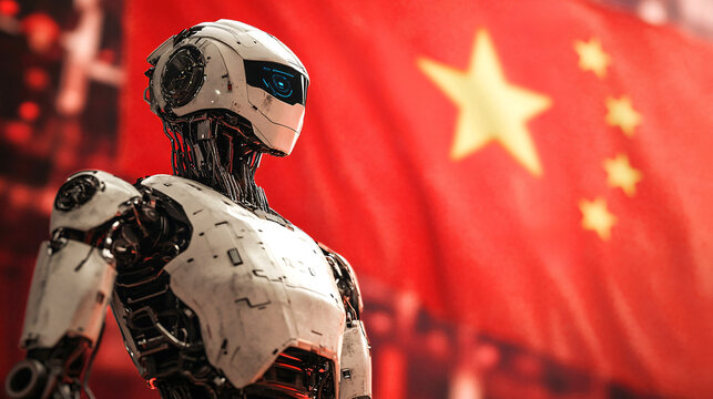 A futuristic robot against the backdrop of a red Chinese flag, representing China&rsquo;s rapid development in AI and robotics.