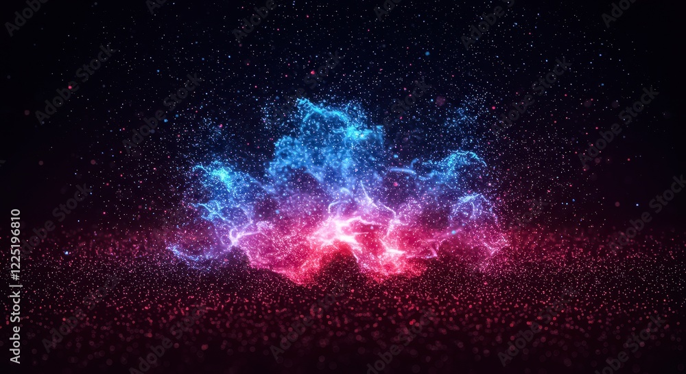 Poster a mesmerizing abstract image of a particle explosion in shades of blue, red, and pink and particles 
