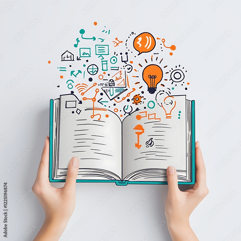 Poster creative learning concept with open book and icons