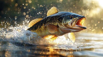 Fototapeta premium Hyper Realistic Large Fish Jumping Out of Water in Sunrise Glow