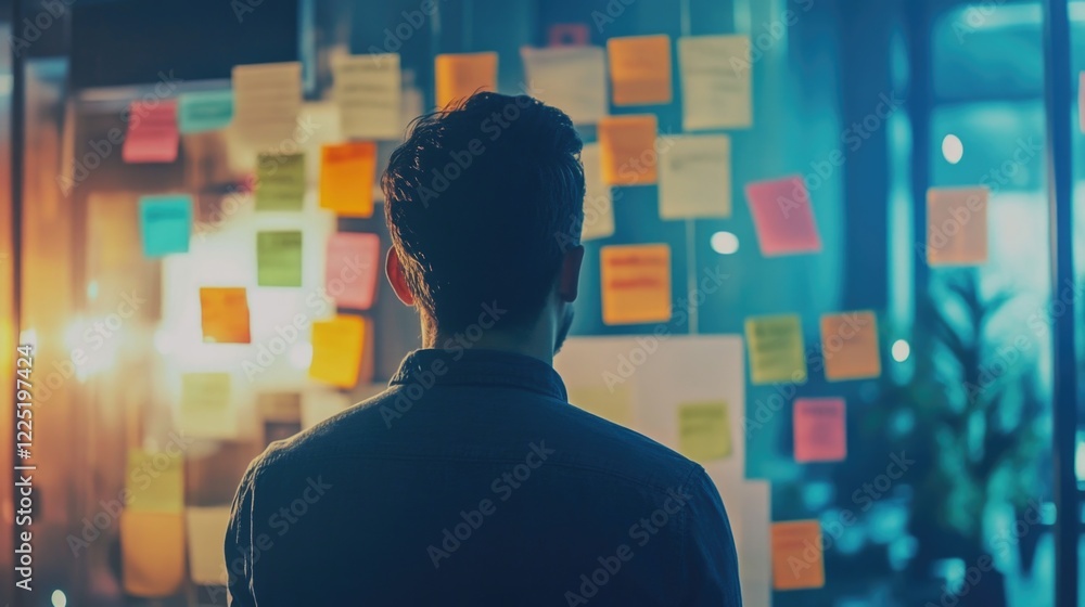 Poster creative brainstorming session with colorful sticky notes on glass wall for strategy development and