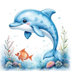 Obraz premium Cute dolphin, nearby shells seaweed and corrals and fish. Sits playfully on an isolated background. Hand drawn watercolor illustration of a toy dolphin, perfect for fun-loving children.