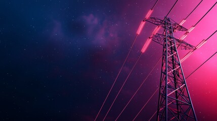 Symbolize of Energy efficiency. Vibrant power lines against a cosmic night sky.