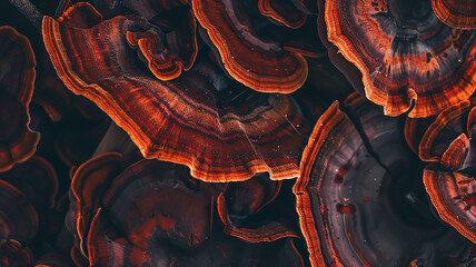 Obraz premium woody brown mushrooms in nature macro von reishi, traditional folk medicine