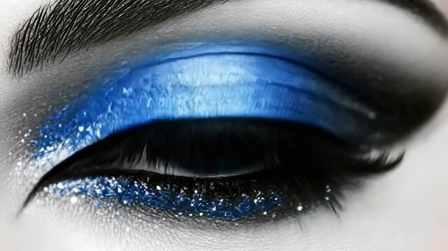 Captivating close-up of an eye adorned with vibrant blue makeup in a dramatic artistic style