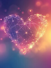 Polygonal love valentine heart made of connected lines and dots on blurred gradient multicolor background for greeting card. Valentine's Day holiday banner concept.