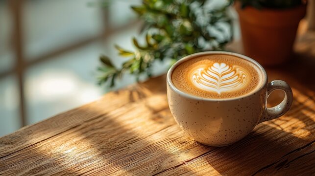 Beautiful latte art in a cozy caf&eacute; setting with warm sunlight illuminating a wooden table and greenery in the background