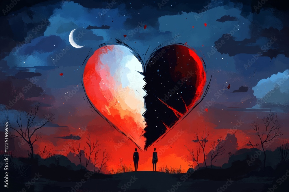 Poster A flat design of a broken heart with one half glowing faintly and the other fading into dark, jagged lines to symbolize resentment and unresolved emotions