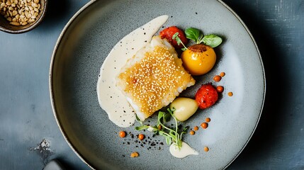 Directly above shot of sesame cod goujons with tartare sauce served in a plate