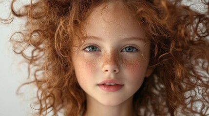 Naklejka premium Joyful girl with curly hair showcasing her personality and charm while playfully posing for the camera against a neutral background