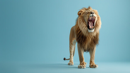 Obraz premium A realistic lion roars on a smooth blue background isolated image