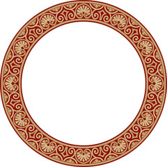 Vector gold and red round classic renaissance ornament. Circle, ring european border, revival style frame
