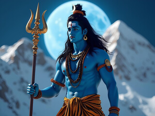Lord Shiva with blue skin, a golden trident, crescent moon on his head, set against snowy mountains and a glowing full moon