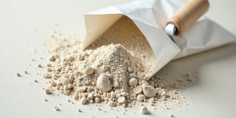 A scoop of fine, granular powder spills from a paper bag onto a smooth surface