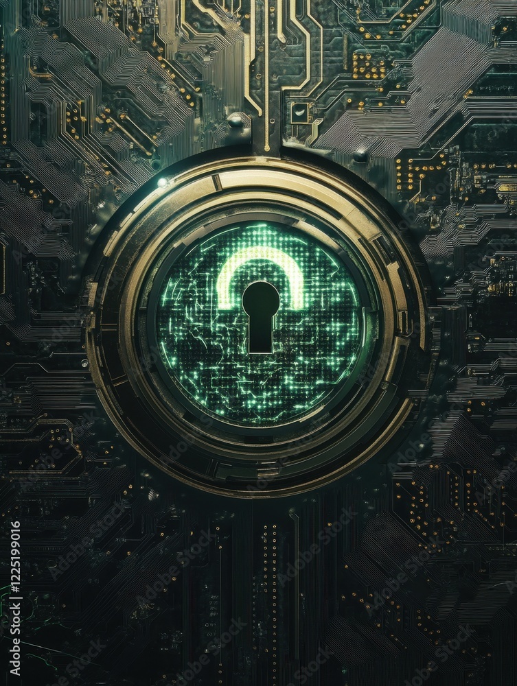 Poster a modern digital lock symbol over a circuit board background, representing cybersecurity and data pr