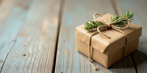 A simply wrapped gift box rests on a rustic wooden surface, adorned with a sprig of evergreen and tied with twine, conveying a sense of thoughtful presentation and understated elegance.