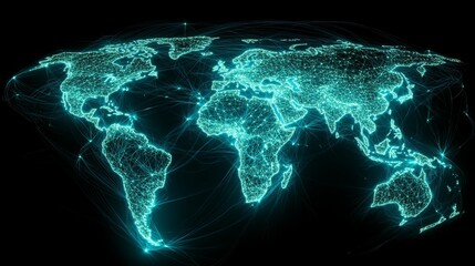 Obraz premium Net zero carbon transformation. A glowing, digital representation of the world map with interconnected lines and points, symbolizing global connectivity and technology.