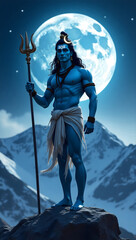 Lord Shiva with radiant blue skin and a trident in his hand is set against snow-capped mountains and starry night sky with giant moon