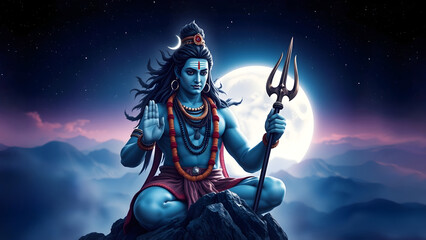 Hindu God Shiva in a meditative pose, sits atop Kailash mountain holding a trident in one hand and giving blessing with the other