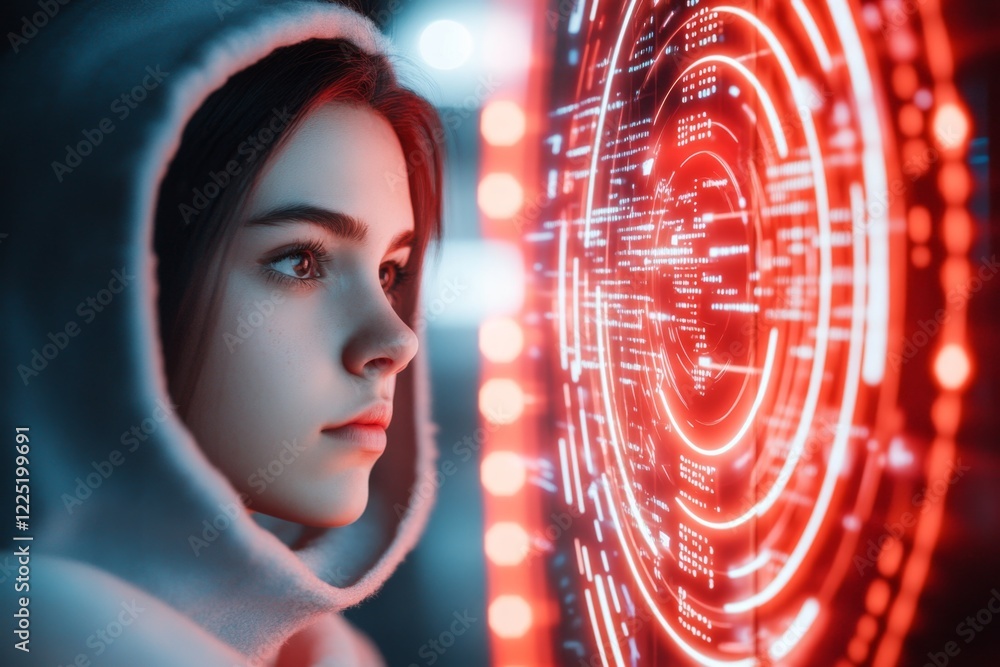 Poster a futuristic depiction of a person sitting alone in a high-tech room, their face reflected in a glow
