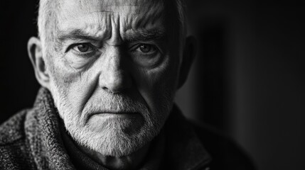 Somber monochrome portrait of a middle-aged man conveying deep emotions through selective focus in low light setting