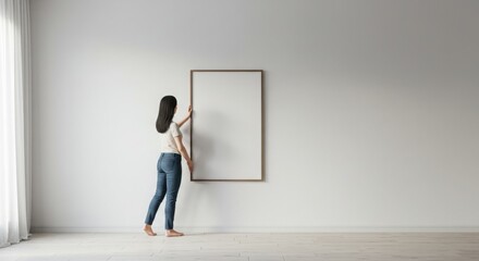 Woman Hanging Empty Picture Frame on White Wall