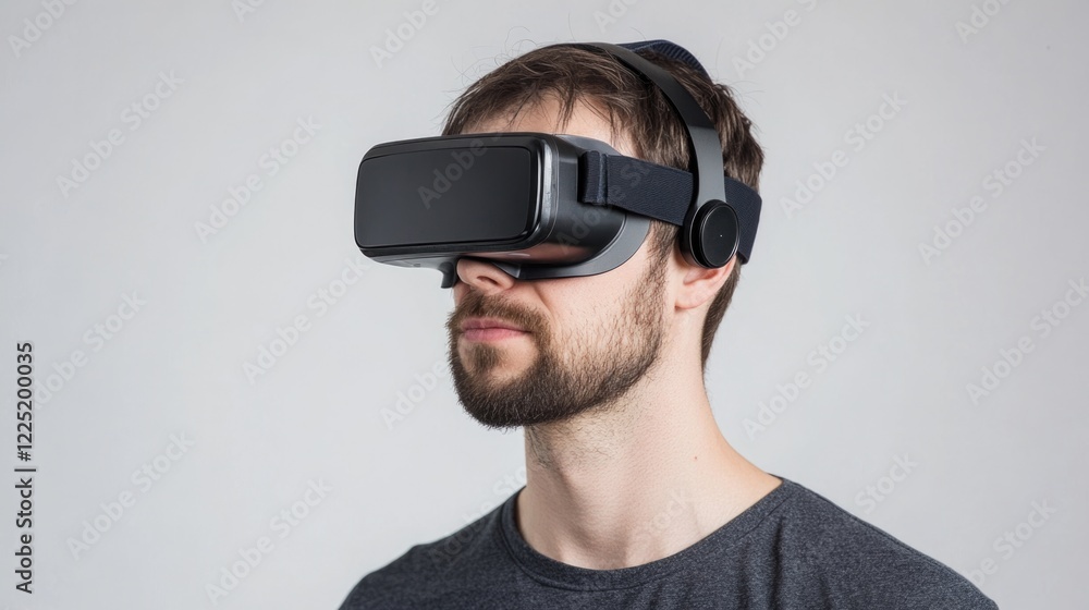Poster man experiencing immersive virtual reality using advanced vr headset against a neutral backdrop show