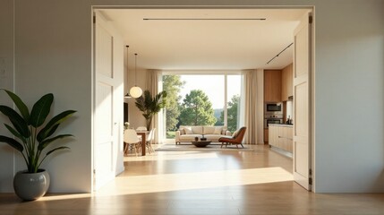 Obraz premium Sunlit Modern Home Interior Design Open Floor Plan with Kitchen, Dining, and Living Areas Featuring Natural Light and Minimalist Decor