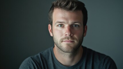 Fototapeta premium Portrait of a thoughtful man against a neutral grey background showcasing introspection and emotional depth in photography.