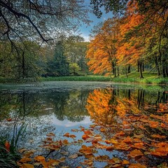 Autumnal pond reflection with vibrant orange and yellow leaves.