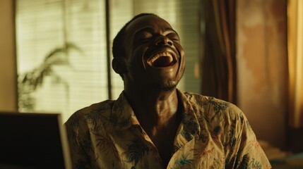 Man joyfully reacts to humorous message on computer screen while sitting at home in a relaxed setting