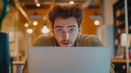 Surprised office worker peeking over a laptop with a shocked expression in a modern workspace setting.
