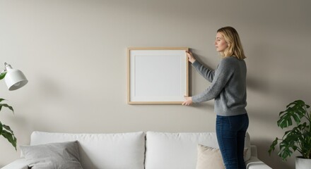 Woman Hanging Blank Picture Frame on Wall in Modern Living Room