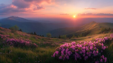 Mountain Sunrise with Wildflowers background