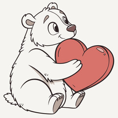 Obraz premium Cut teddy bear with red heart vector illustration. Plush toy picture. Romantic gift. Birthday present. Valentines day decoration. Bear for logo, design and greeting card.